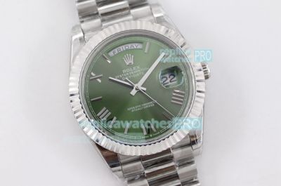 TWS Factory Swiss Replica Rolex Day Date Watch Green Face Stainless Steel Band Fluted Bezel  40mm